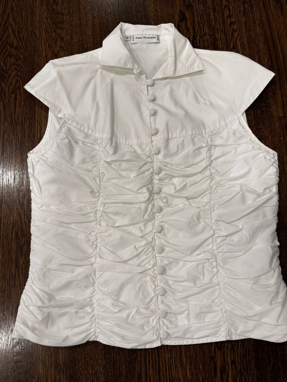 Anne Fontaine White Ruched Button-Front Cap Sleeve Blouse size 2